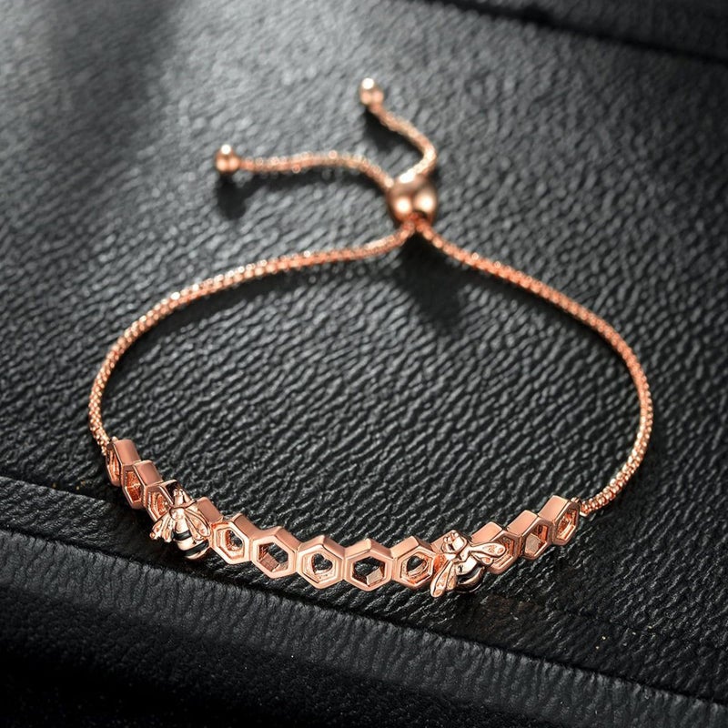 Presentski Bee Honeycomb Bracelet 925 Sterling Silver, Rose Gold Plated Adjustable Jewelry for Women - Image 4